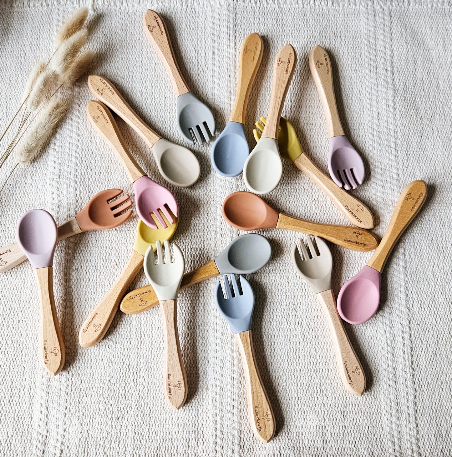 Siliconen Lepel en Vork met Bamboe handvat - Beige - Salie