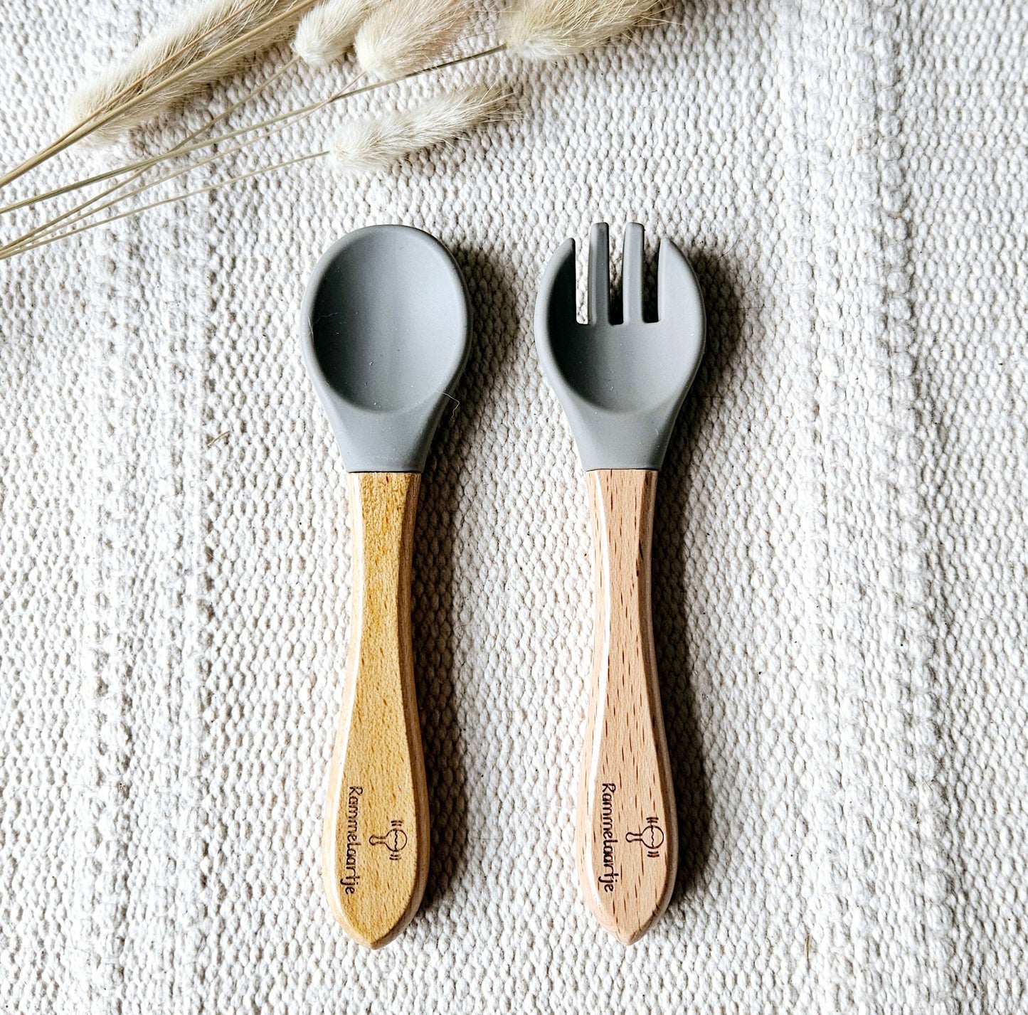 Siliconen Lepel en Vork met Bamboe handvat - Beige - Salie