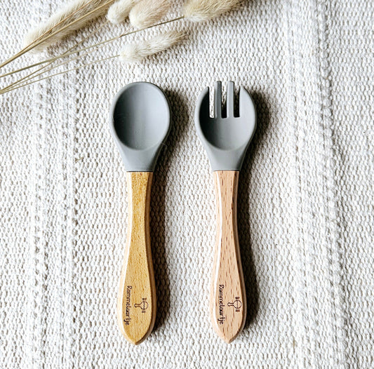 Siliconen Lepel en Vork met Bamboe handvat - Beige - Salie