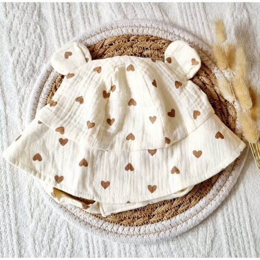 Hydrofiele Baby Zonnehoed  - Beige met Hartjes