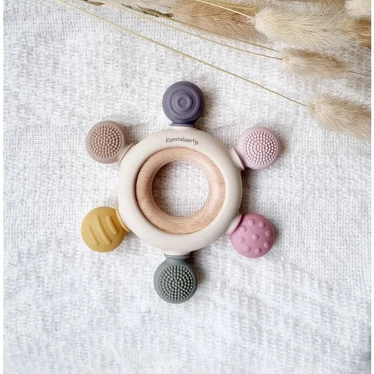 Baby Bijtring Dental - Multicolor Roze - Siliconen Bijtring - Beukenhouten ring