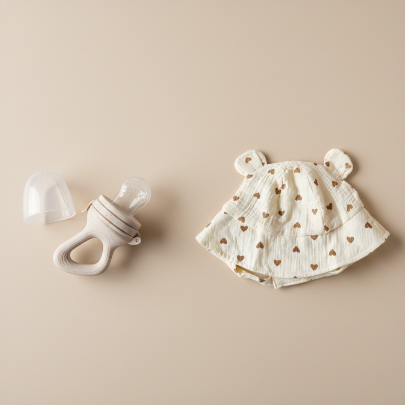 Baby Cadeauset - Fruitspeen & Zonnehoed Beige Achtergrond