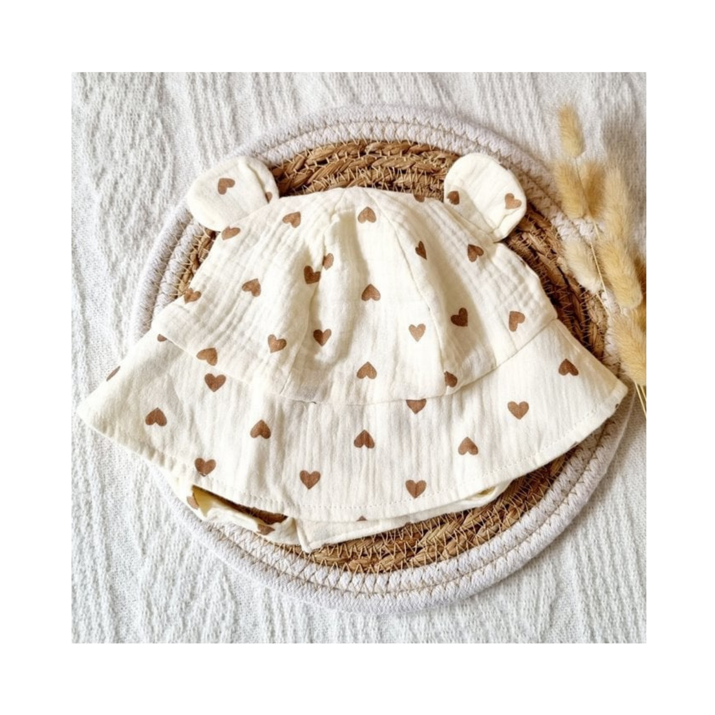 Hydrofiele Baby Zonnehoed  - Beige met Hartjes