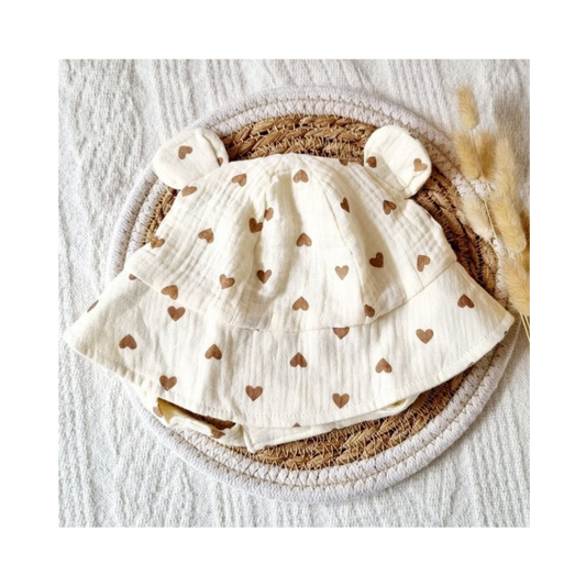 Hydrofiele Baby Zonnehoed  - Beige met Hartjes